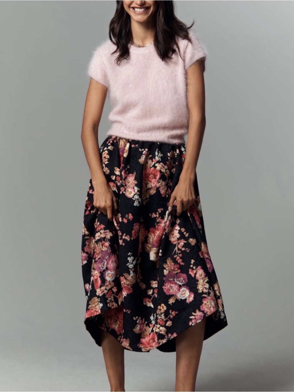 Anthropologie Maeve Floral Midi Skirt in Black with Pink NWT